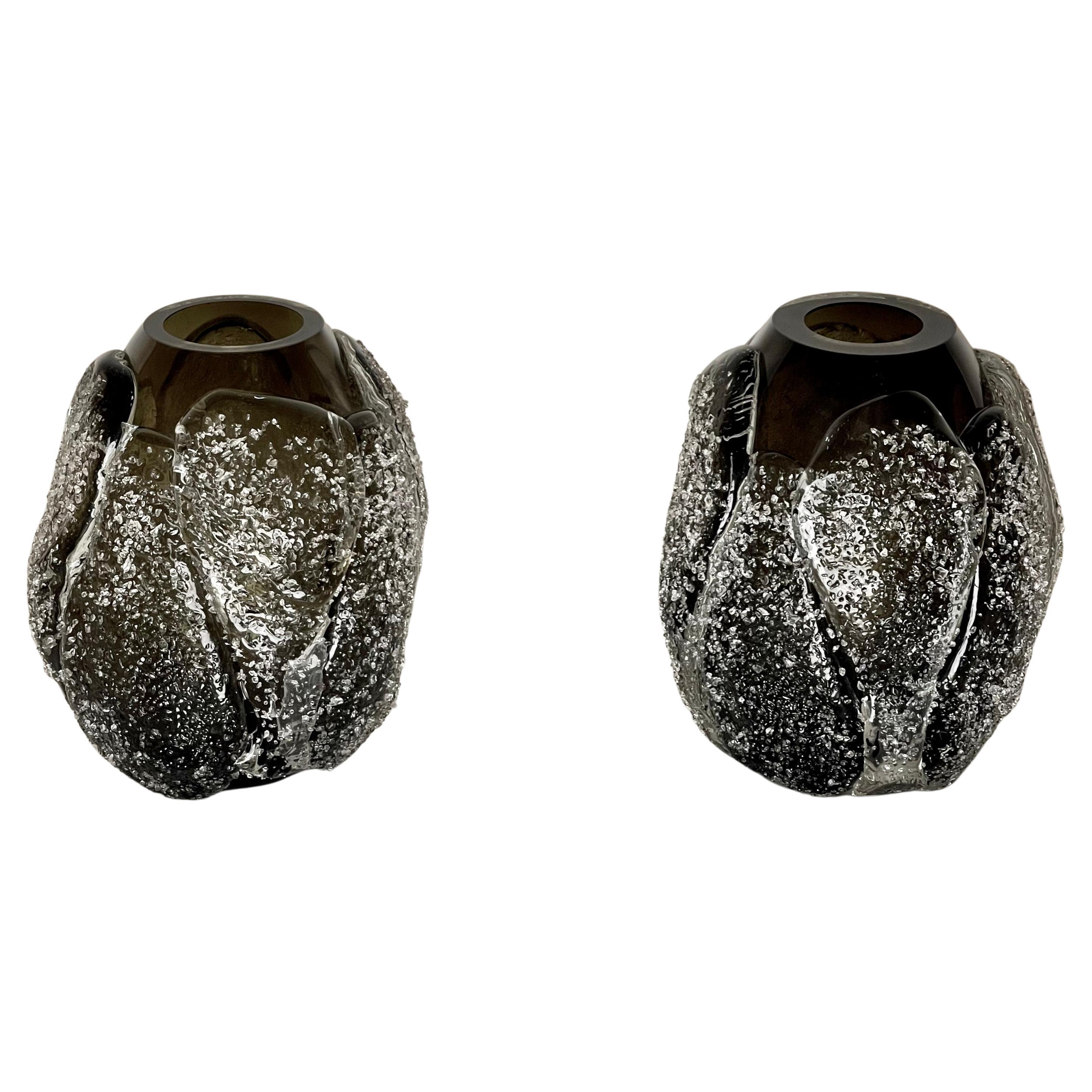 Pair of Italian Vases in Transparent Murano Glass and 24Karat Gold For