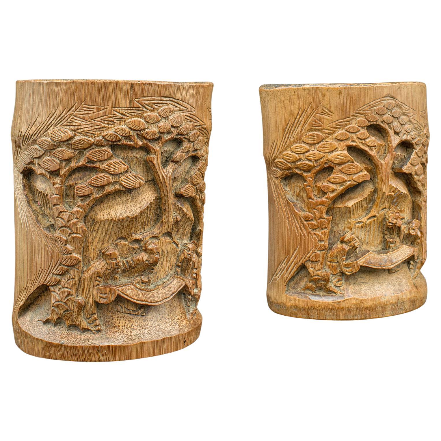 Pair of Vintage Brush Pots, Chinese, Hand Carved Bamboo, Dry Flower Vase, Bitong For Sale