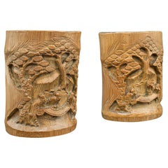 Pair of Vintage Brush Pots, Chinese, Hand Carved Bamboo, Dry Flower Vase, Bitong
