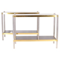 Pair of Vintage Brushed Steel and Gilded Brass Console Tables, 1970s