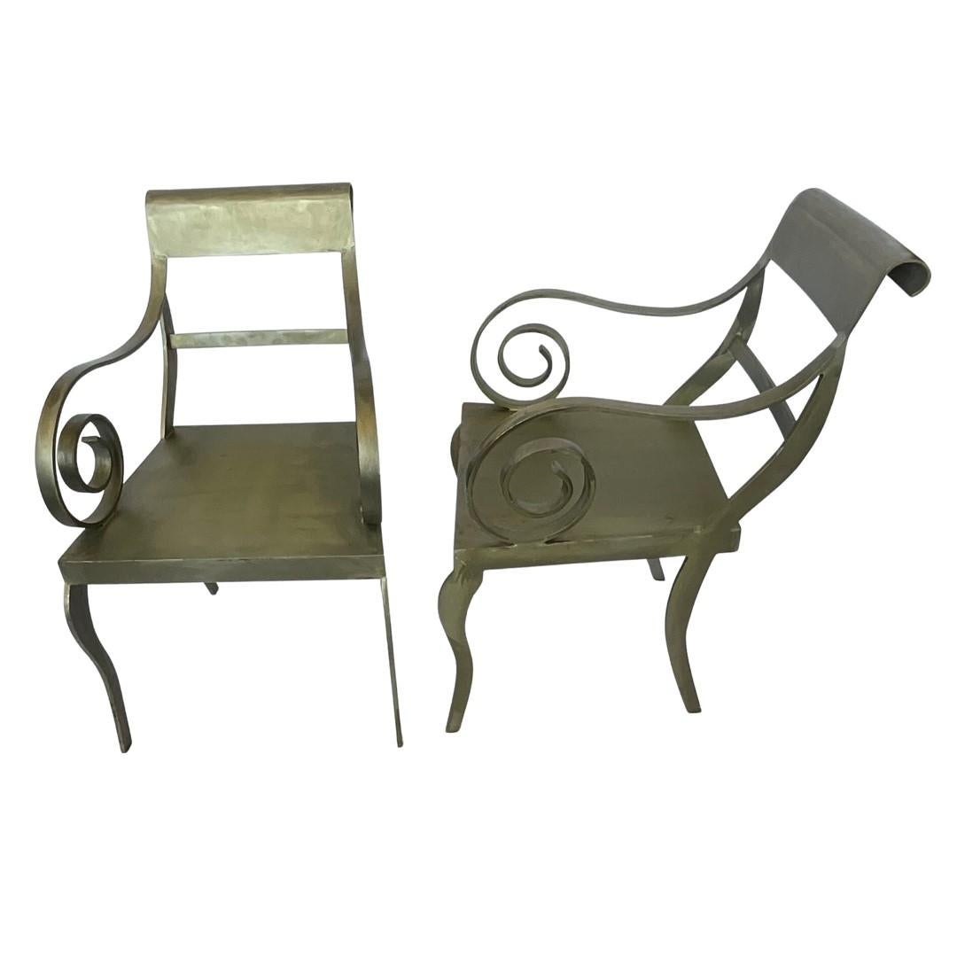 Metalwork Pair of Vintage Brushed Steel Arm Chairs  For Sale