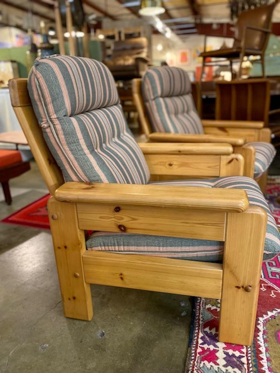 Pair of Vintage Brutalist Danish Pine Lounge Arm Chairs 1