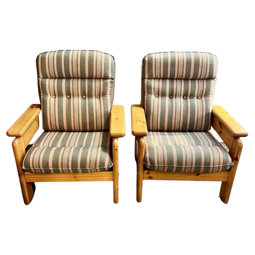 Pair of Vintage Brutalist Danish Pine Lounge Arm Chairs For Sale