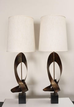 Coppia di lampade da tavolo vintage in acciaio in stile brutalista "Ribbon" di Richard Barr per Laurel
