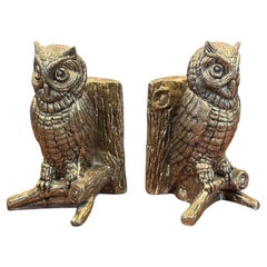 Pair of Vintage Brutalist Style Brass Owl Bookends