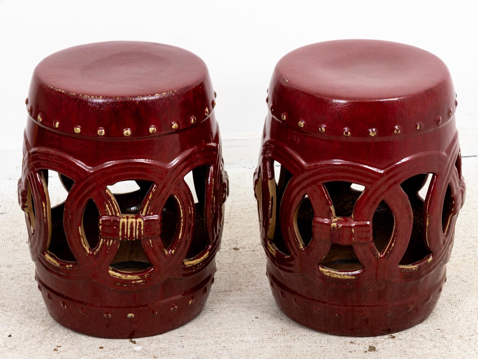 20th Century Pair of Vintage Burgundy Chinese Garden Seats For Sale
