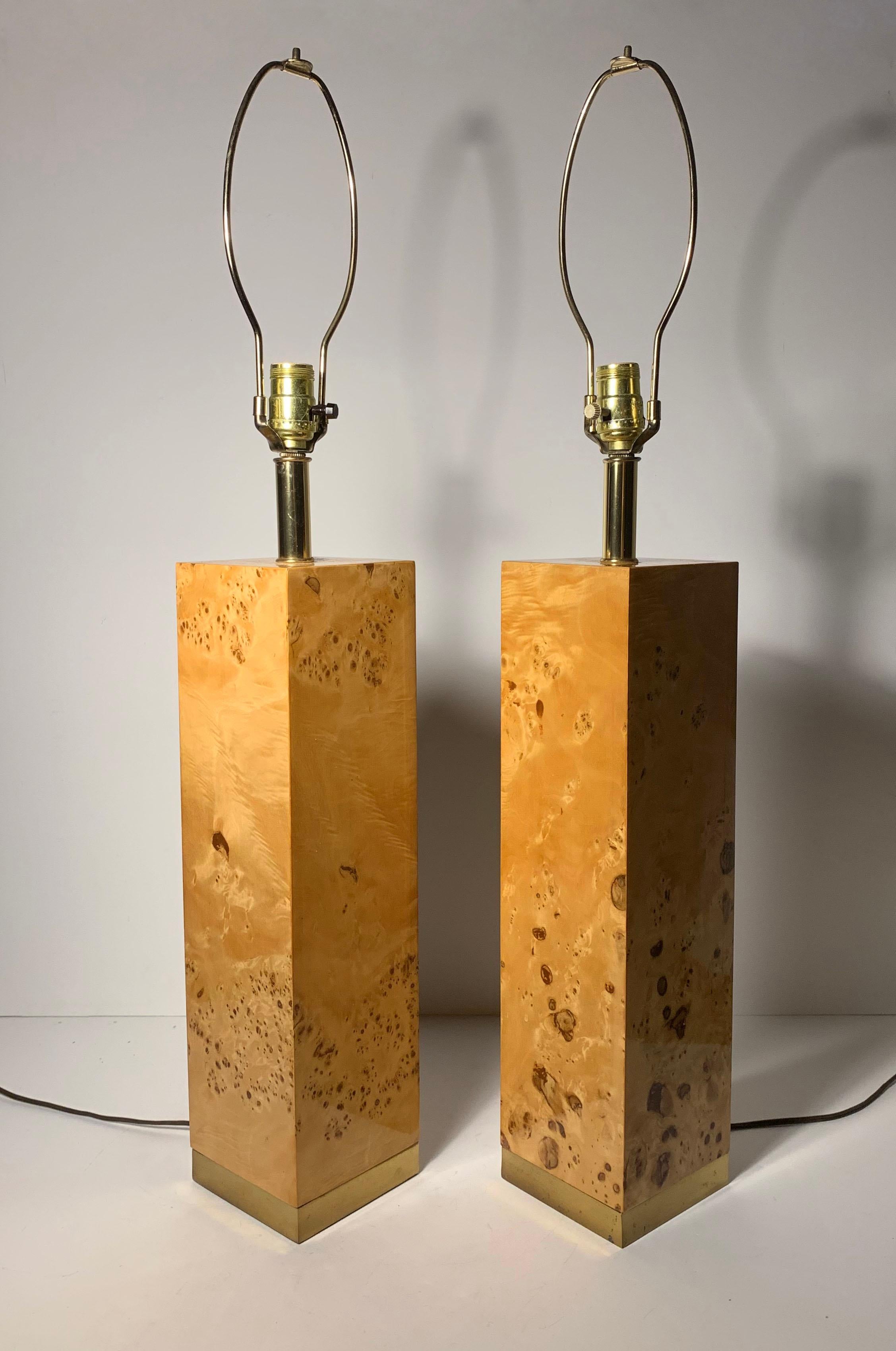 Pair of vintage burl wood table lamps by Westwood in the manner of Milo Baughman.

height dimension is to top of harp
Finials were no longer with harps.