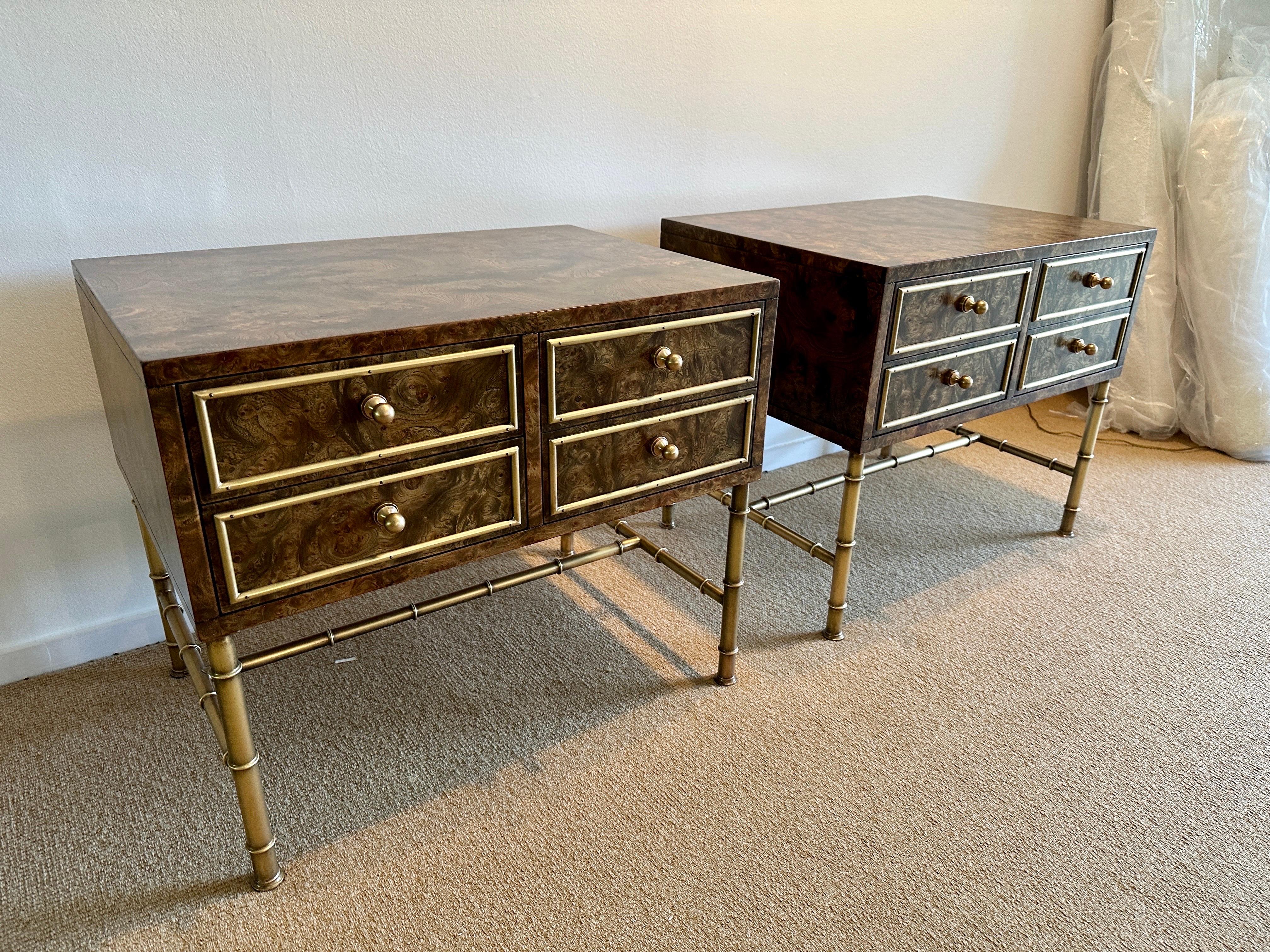 These lightly restored ALL vintage Mastercraft (with label) night tables/ end tables - have the richest burl wood with brass accents and pulls. Large drawers and quality midcentury craftsmanship.  THIS ITEM IS LOCATED AND WILL SHIP FROM OUR EAST