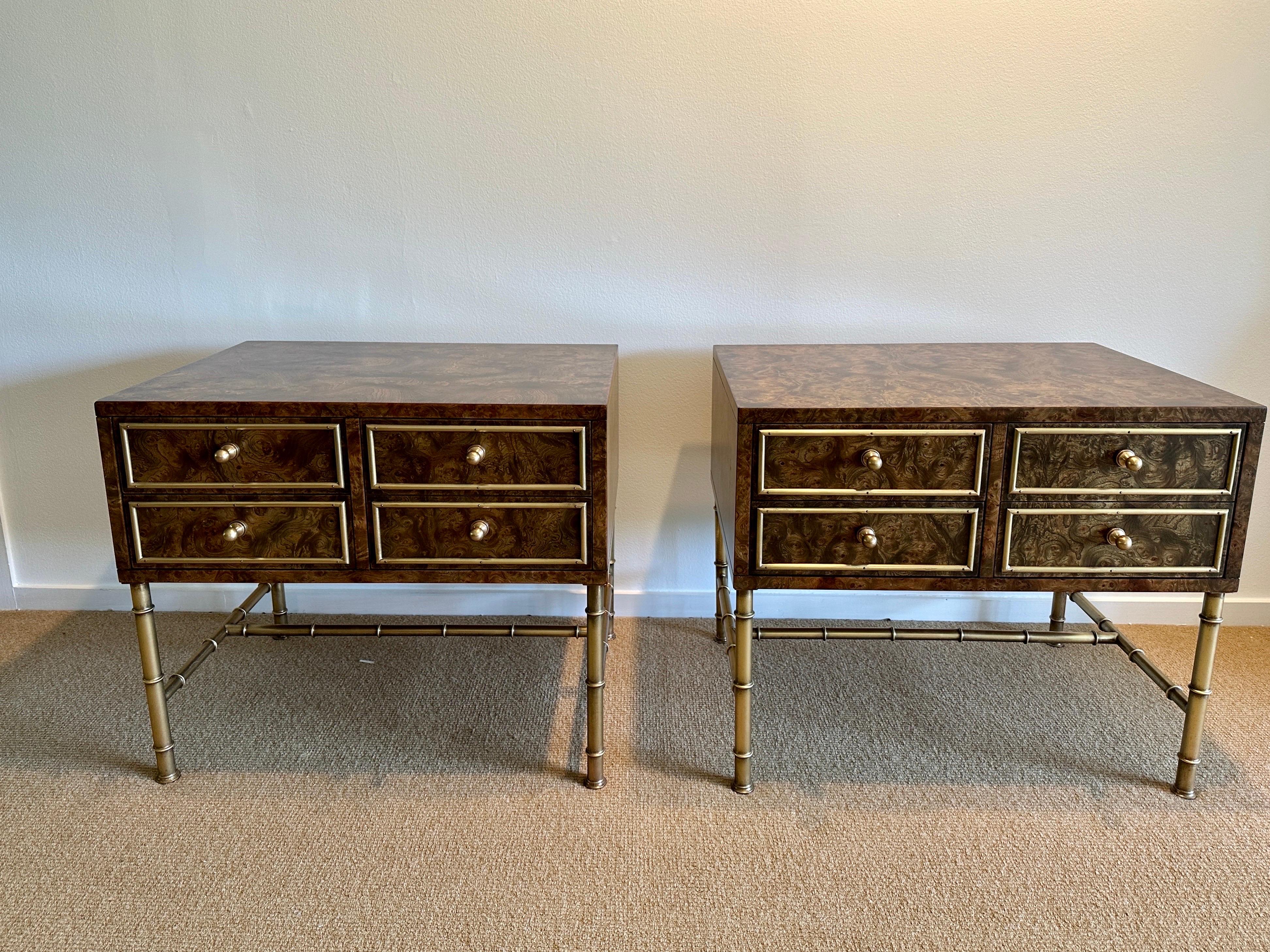 Pair of Vintage Burlwood and Brass Night Tables by Mastercraft For Sale 2