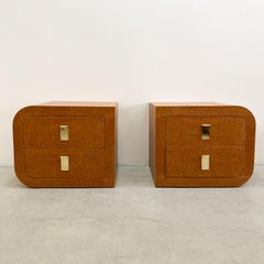 Pair of Vintage Burlwood Veneer And Brass Hardware Nightstands