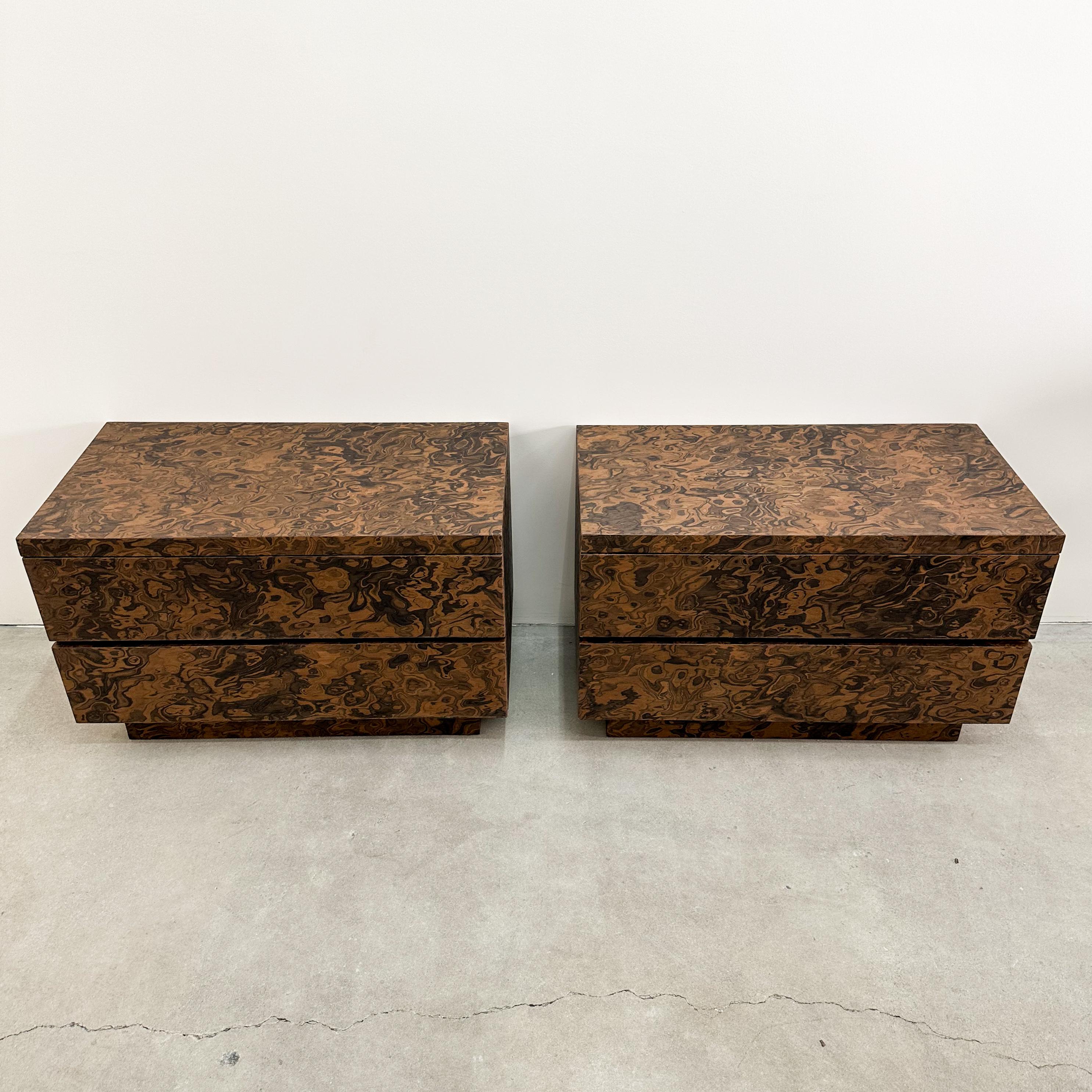 Pair of Vintage Burlwood Veneer Nightstands In Good Condition In Palm Desert, CA