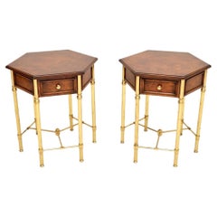 Pair of Vintage Burr Walnut and Brass Side Tables