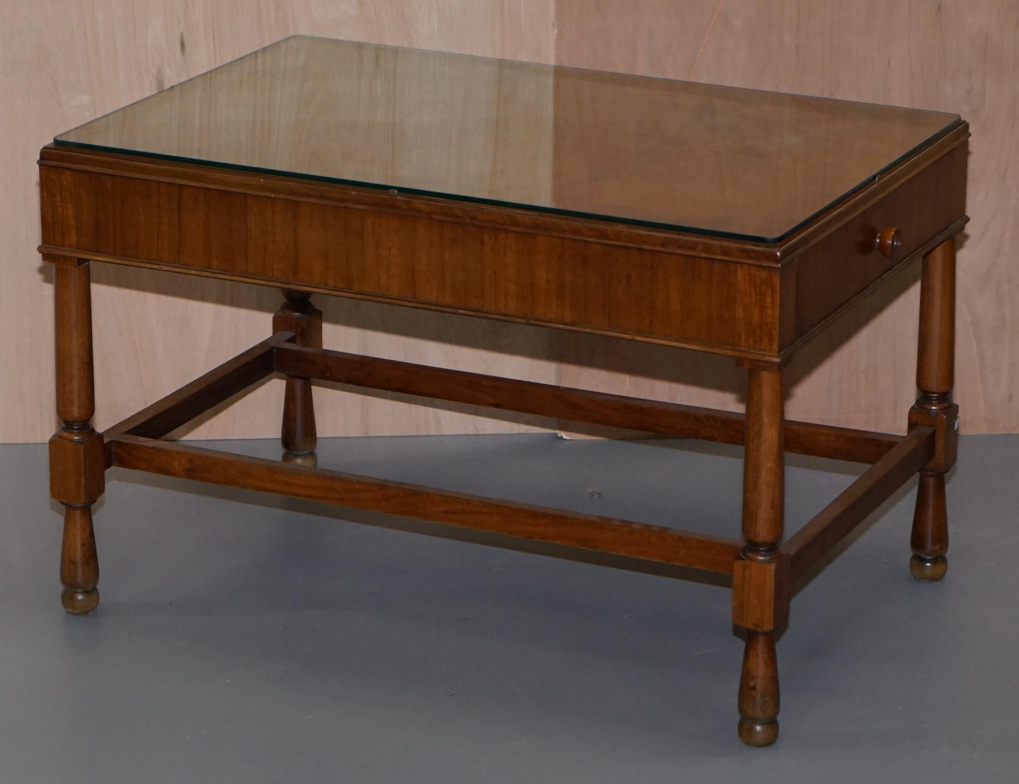 Pair of Vintage Burr Walnut Long Side Tables with Drawers Both Ends & Glass Tops 8