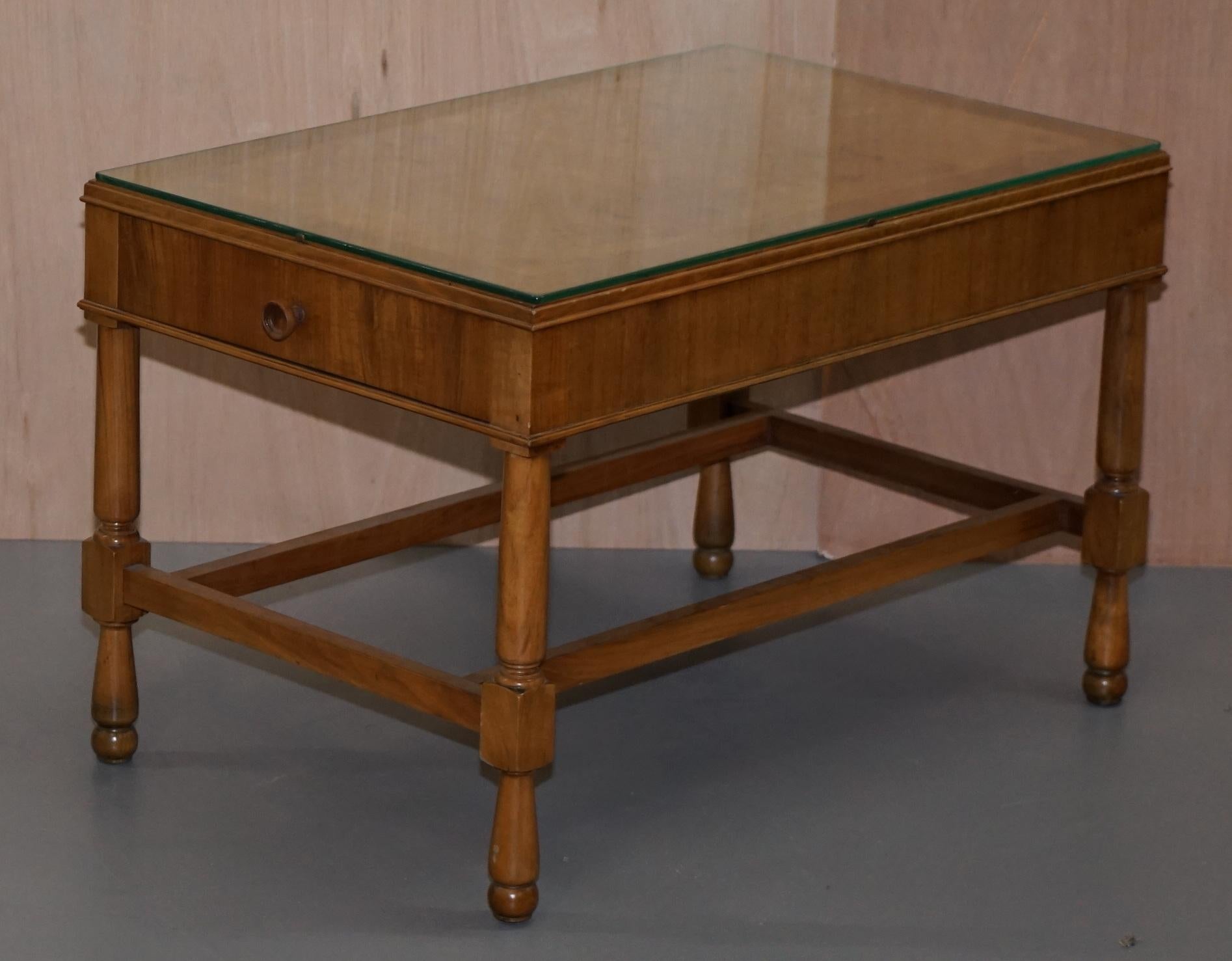 English Pair of Vintage Burr Walnut Long Side Tables with Drawers Both Ends & Glass Tops