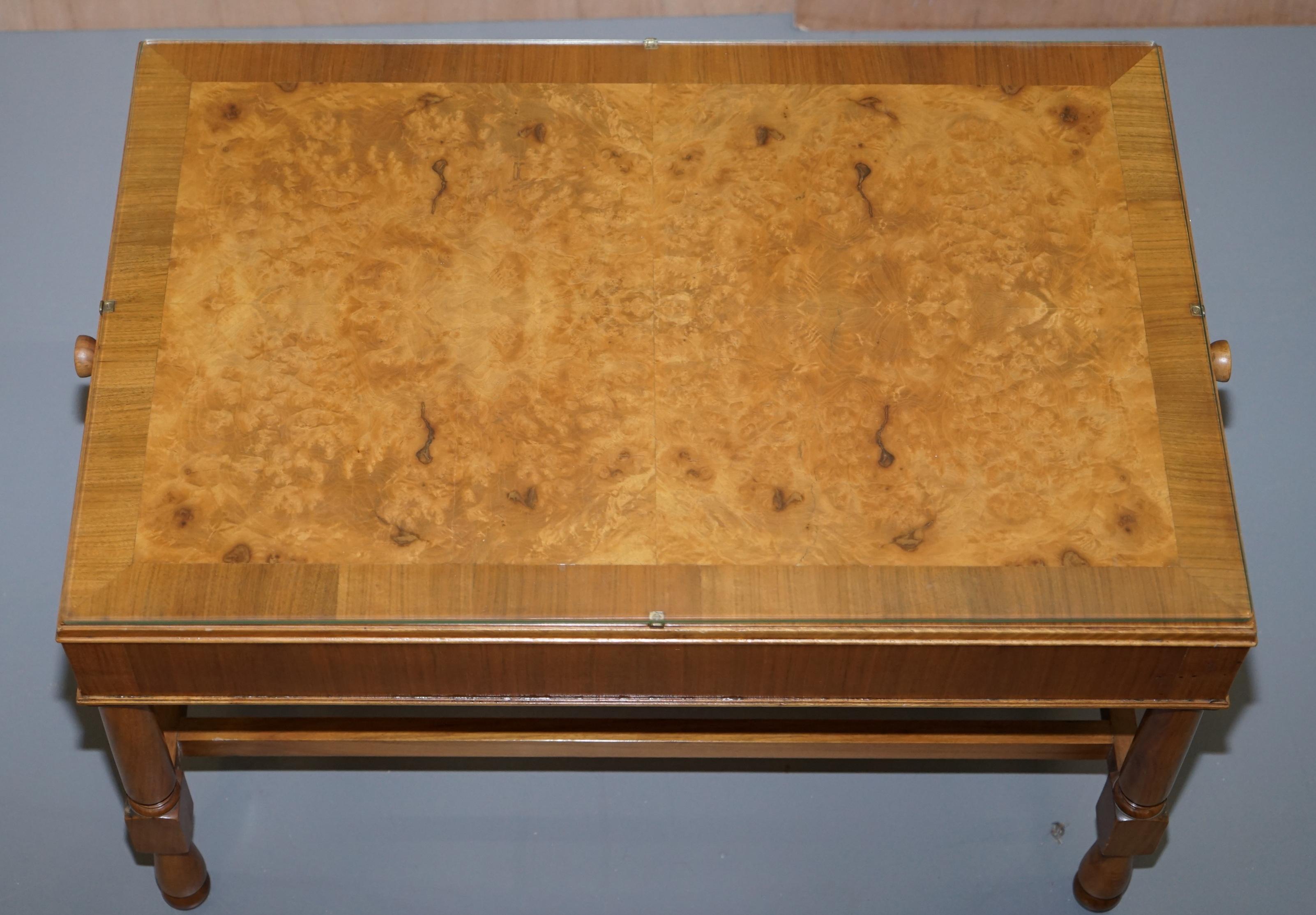 Hand-Crafted Pair of Vintage Burr Walnut Long Side Tables with Drawers Both Ends & Glass Tops