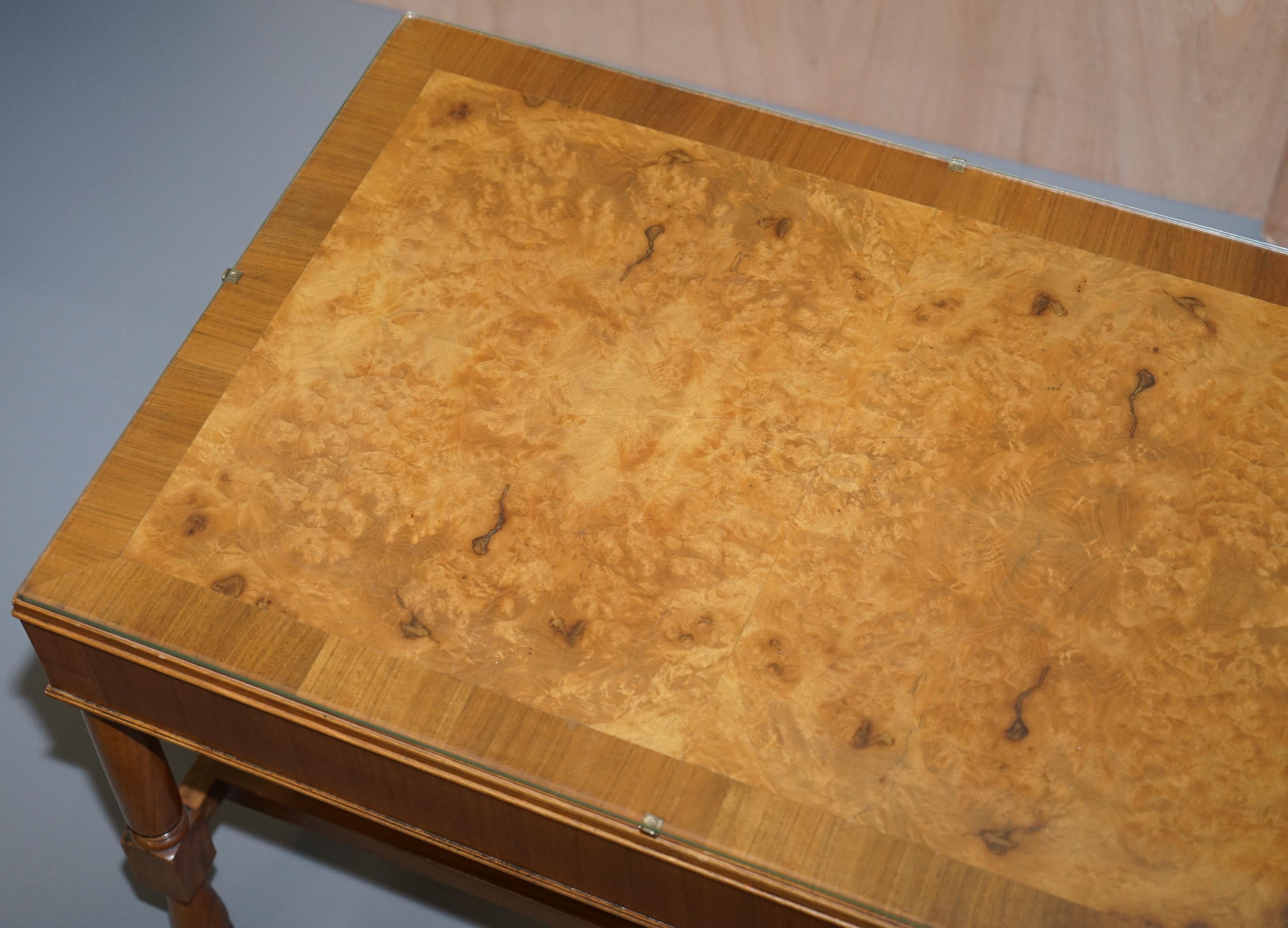 Pair of Vintage Burr Walnut Long Side Tables with Drawers Both Ends & Glass Tops In Good Condition In West Sussex, Pulborough