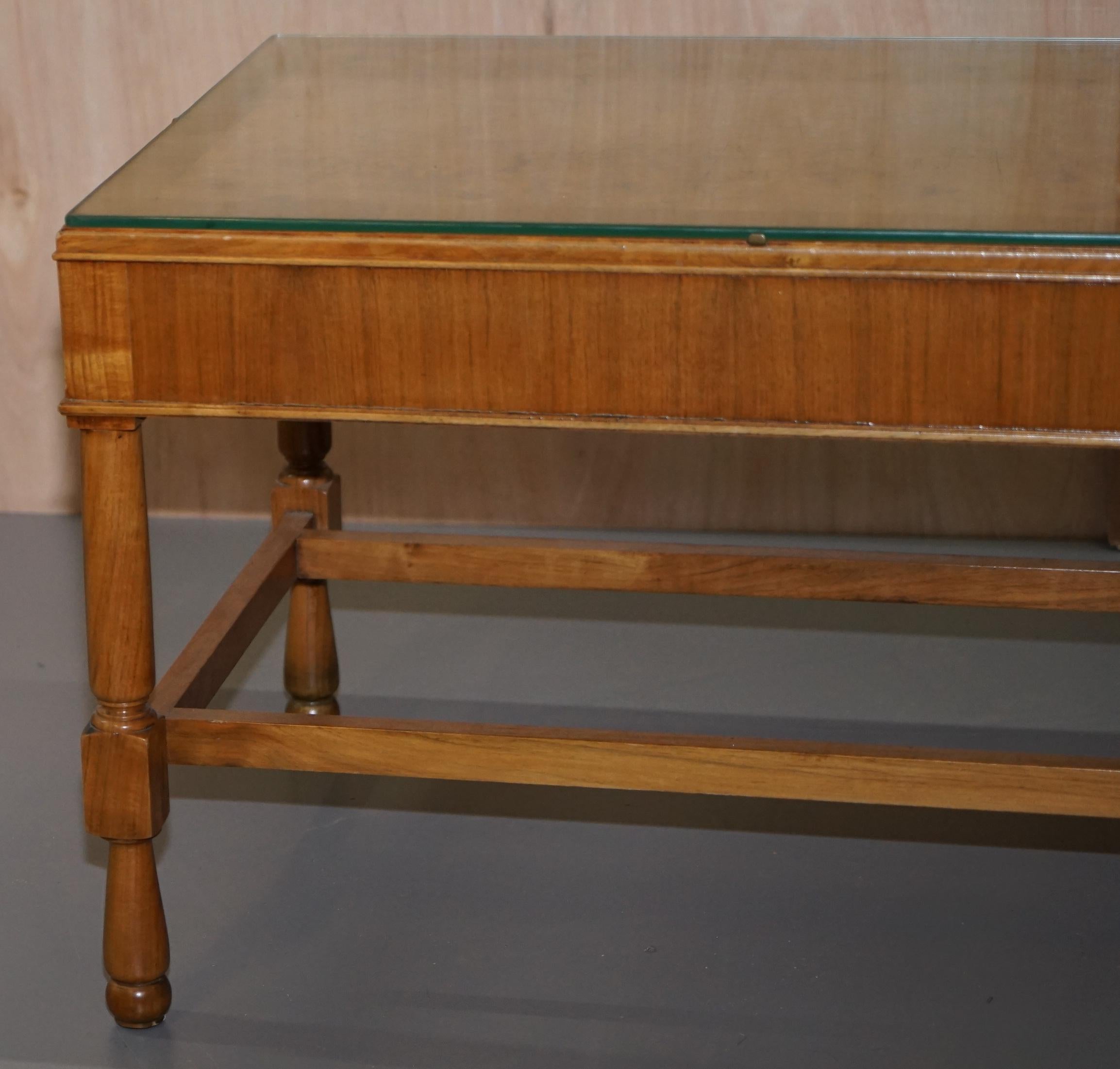 Pair of Vintage Burr Walnut Long Side Tables with Drawers Both Ends & Glass Tops 2