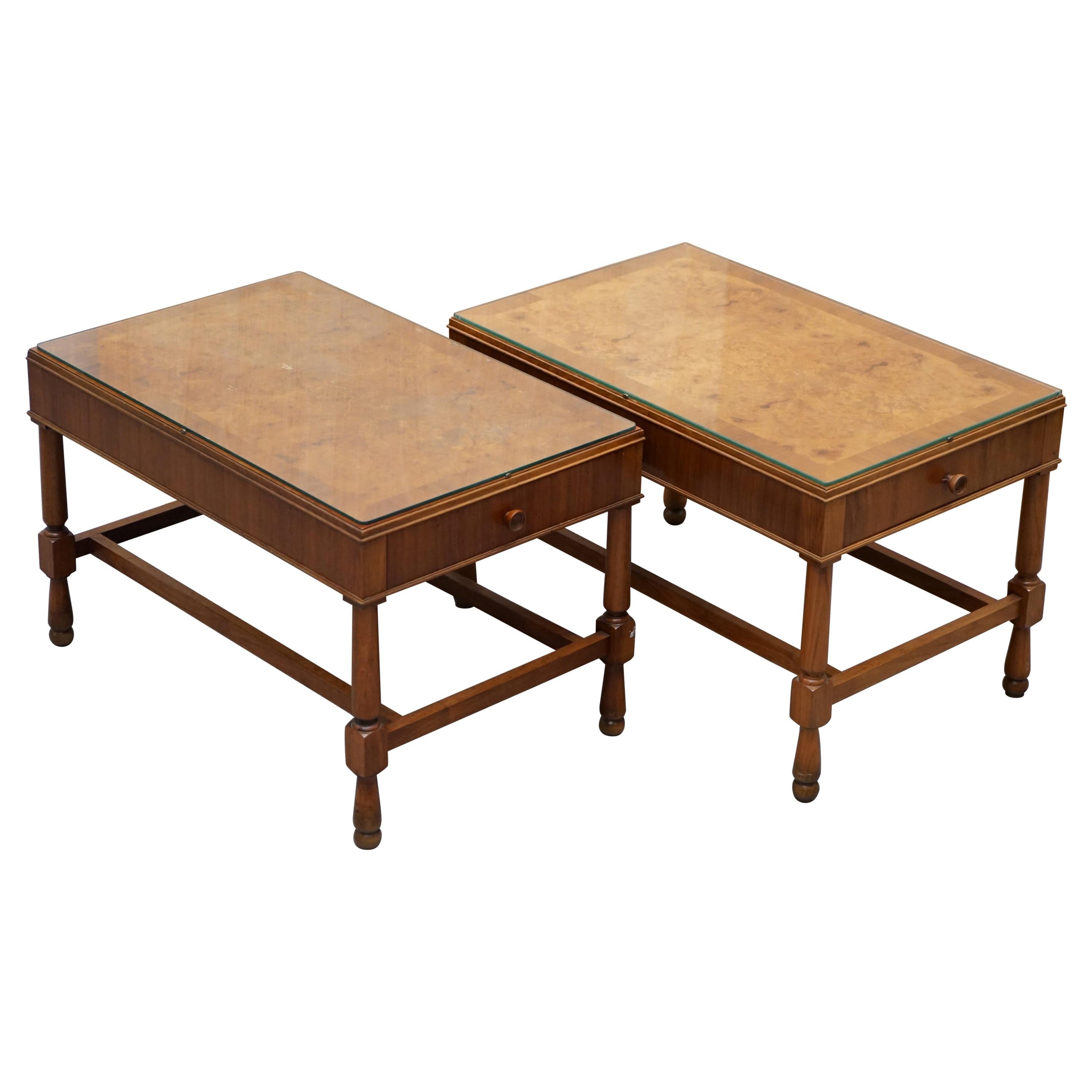 Pair of Vintage Burr Walnut Long Side Tables with Drawers Both Ends & Glass Tops