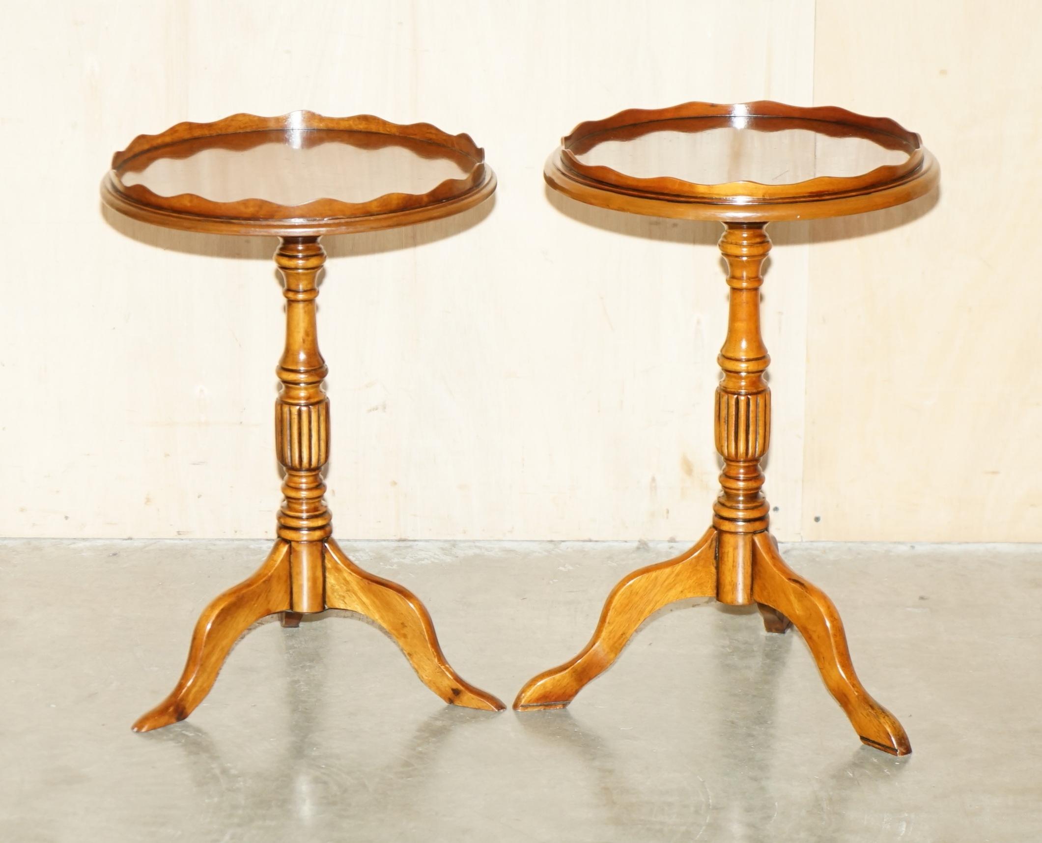 Royal House Antiques

Royal House Antiques is delighted to offer for sale this sublime pair of lightly restored Burr Walnut vintage tripod wine tables with lovely walnut gallery rails around the boarder 

Please note the delivery fee listed is just