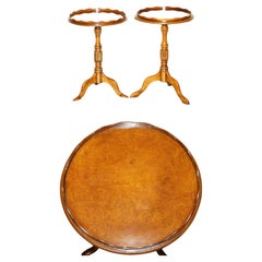 PAIR OF VINTAGE BURR WALNUT WiTH GALLERY RAILS SIDE END LAMP WINE TRIPOD TABLES