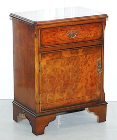 Pair of Vintage Burr Walnut Wood Lamp Side End Wine Table Cupboards with Drawers