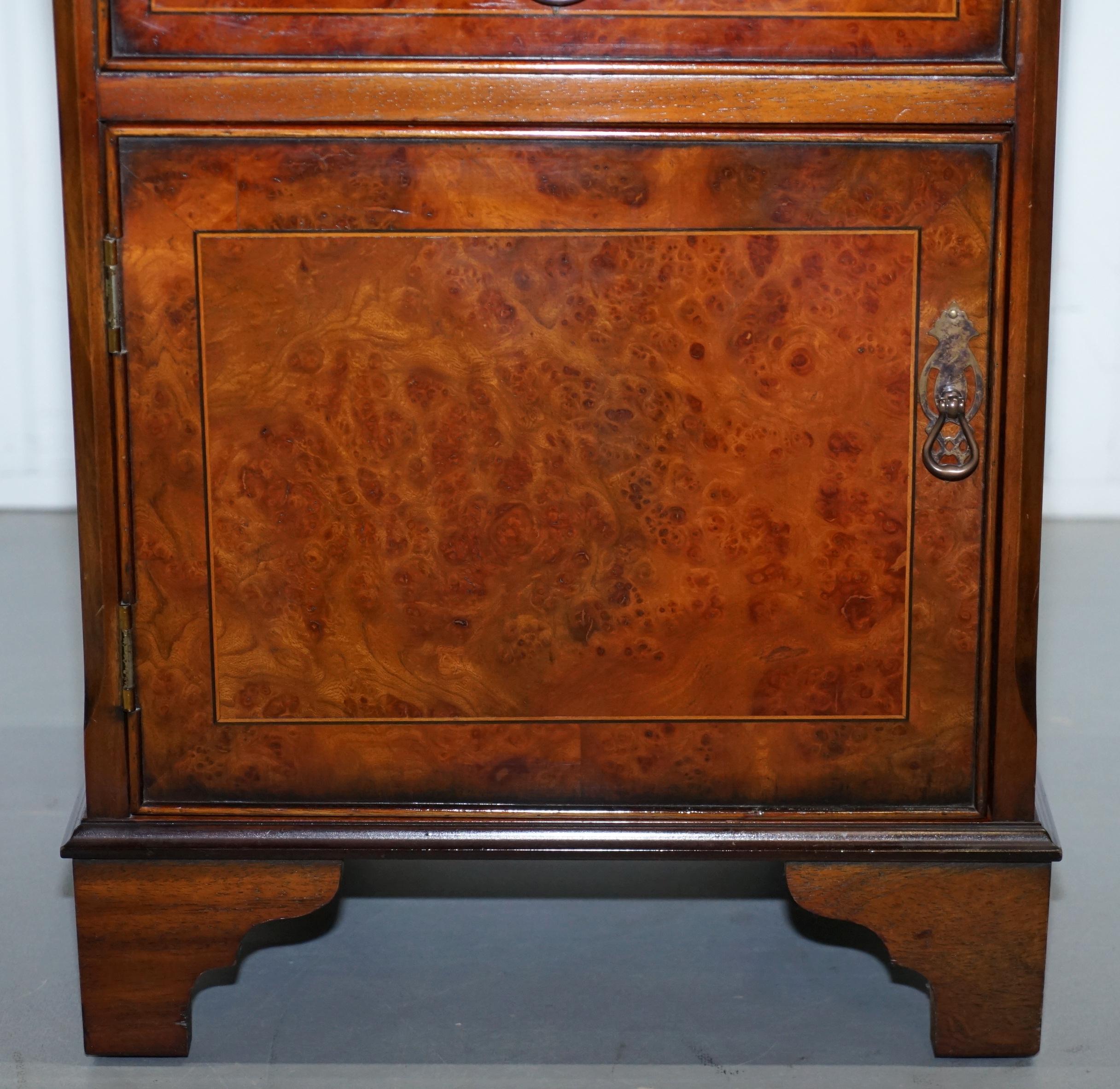 Pair of Vintage Burr Walnut Wood Lamp Side End Wine Table Cupboards with Drawers 1