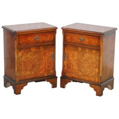 Pair of Vintage Burr Walnut Wood Lamp Side End Wine Table Cupboards with Drawers