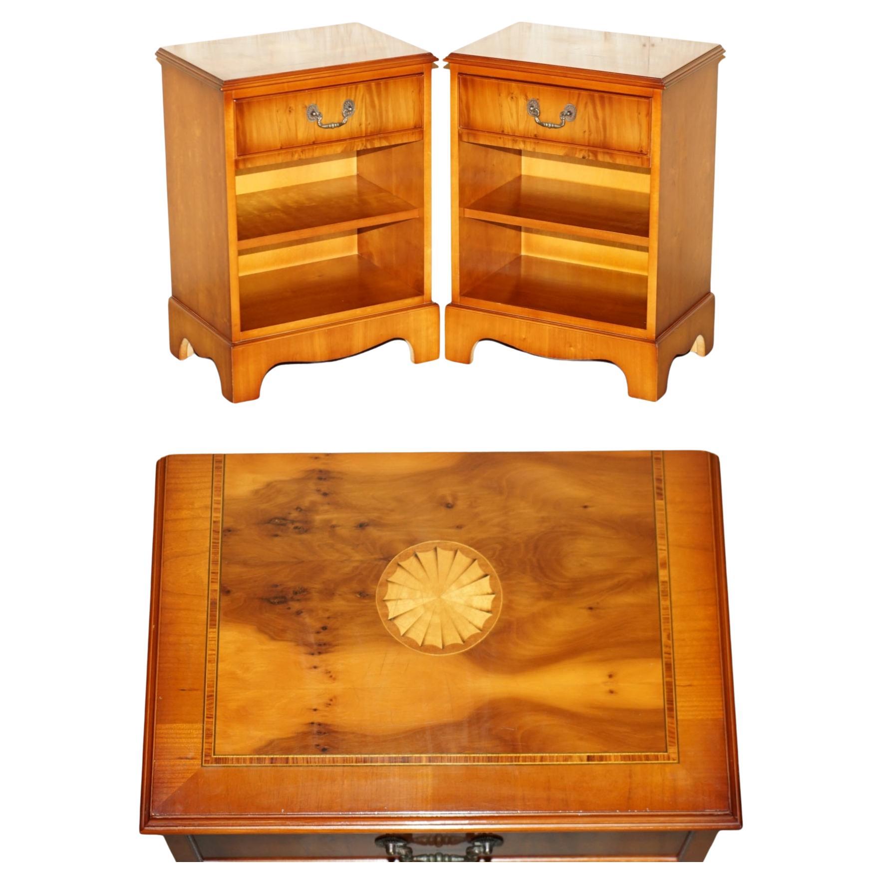 PAIR OF VINTAGE BURR WALNUT, YEW WOOD SHERATON REVIVAL LAMP SIDE END WINE TABLEs