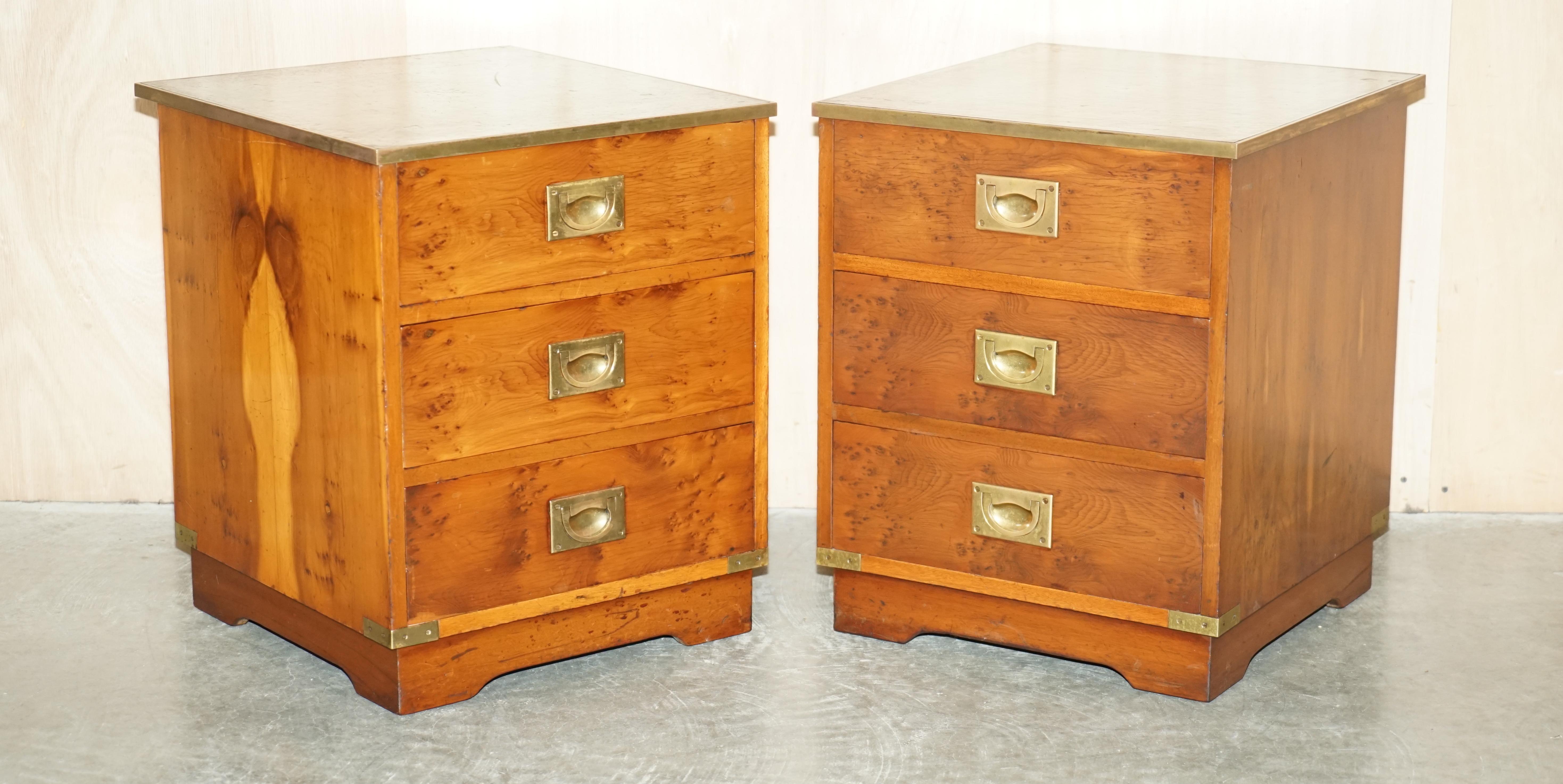 We are delighted to offer for sale this sublime pair of vintage Bevan Funnell Military Campaign side tables with drawers and green leather tops in Burr Yew wood

A truly stunning and well made pair by Bevan Funnell circa 1960's. They work in