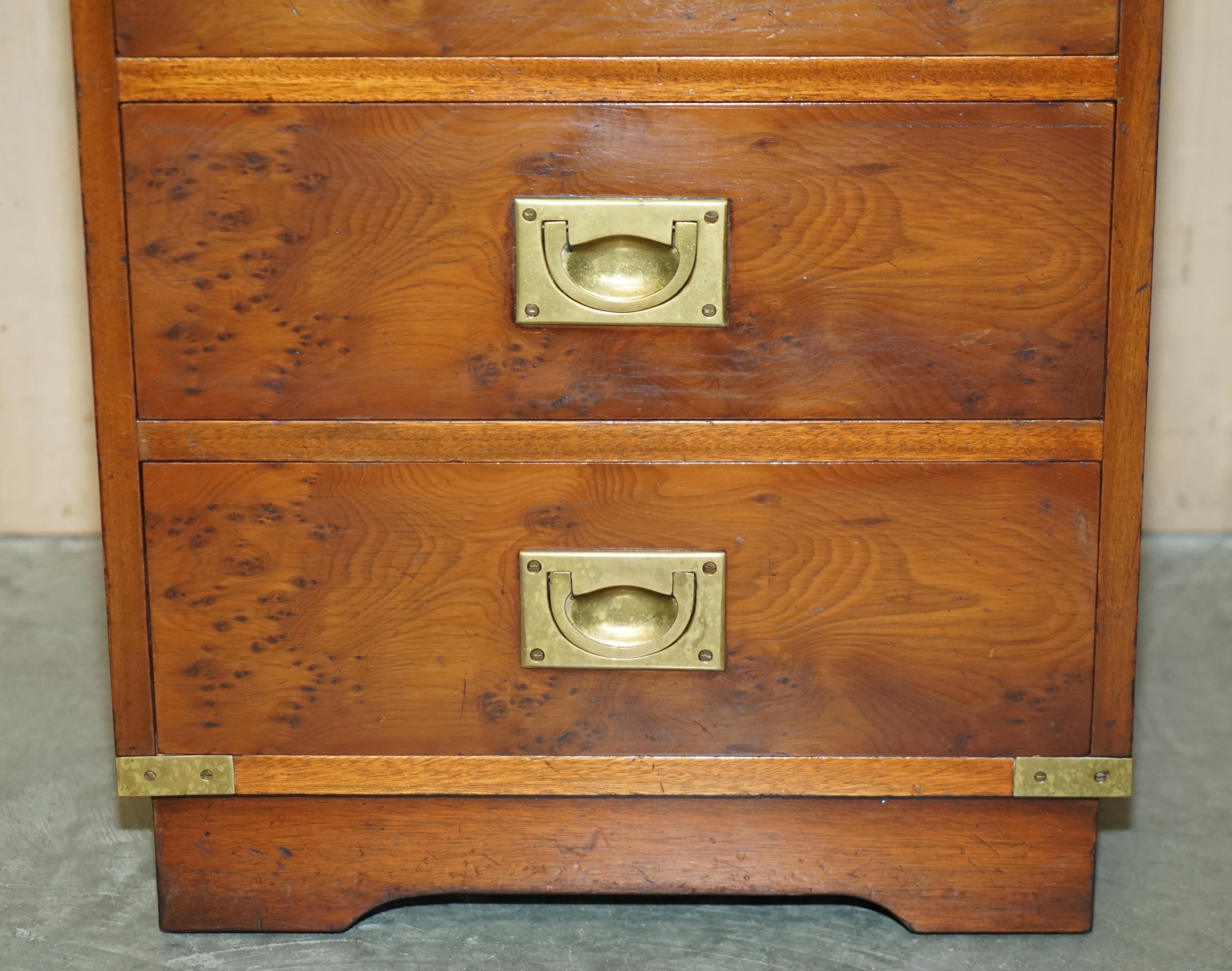 Pair of Vintage Burr Yew Wood Green Leather Military Campaign Nightstand Drawers For Sale 3