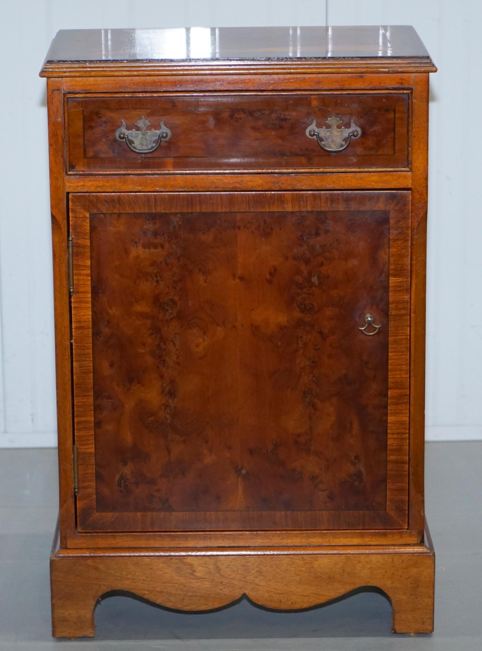 Modern Pair of Vintage Burl Yew Wood Lamp, End or Wine Table Cupboards with Drawers For Sale