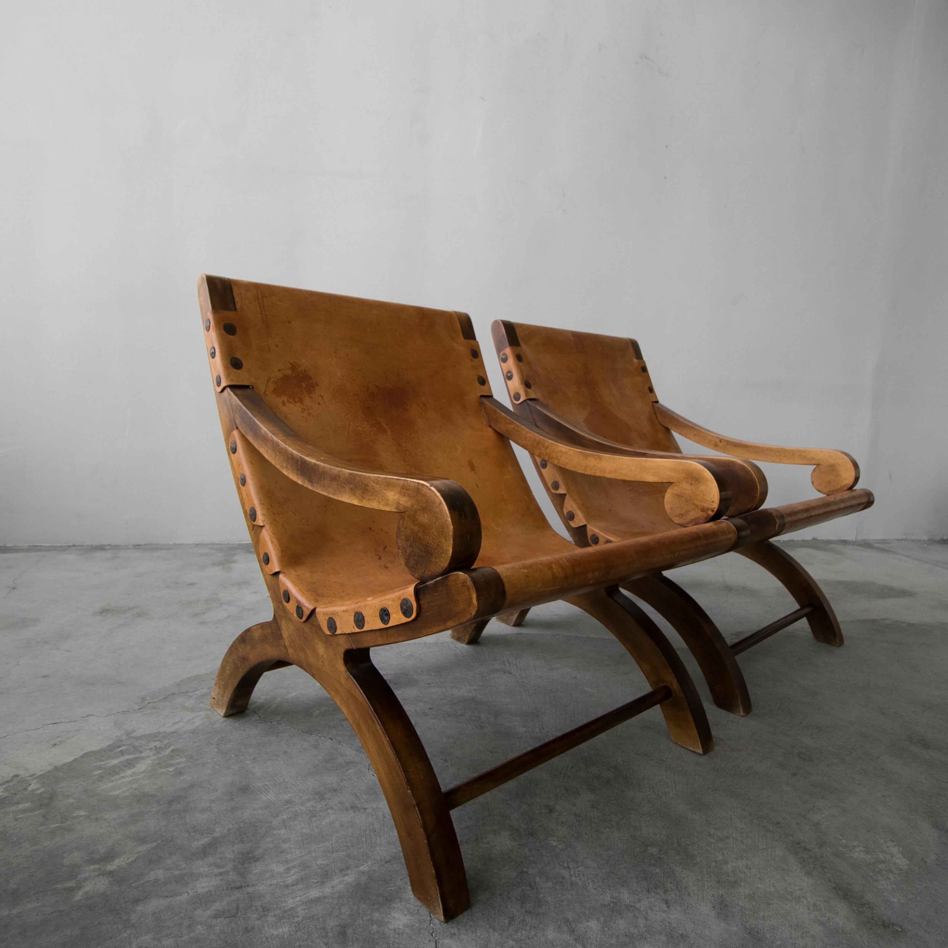 Mid-Century Modern Pair of Vintage Butaque Leather Sling Lounge Chairs