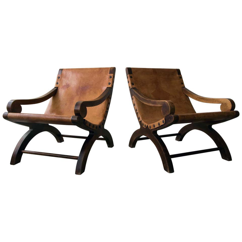 Pair of Vintage Distressed Leather Bridge Chairs at 1stdibs