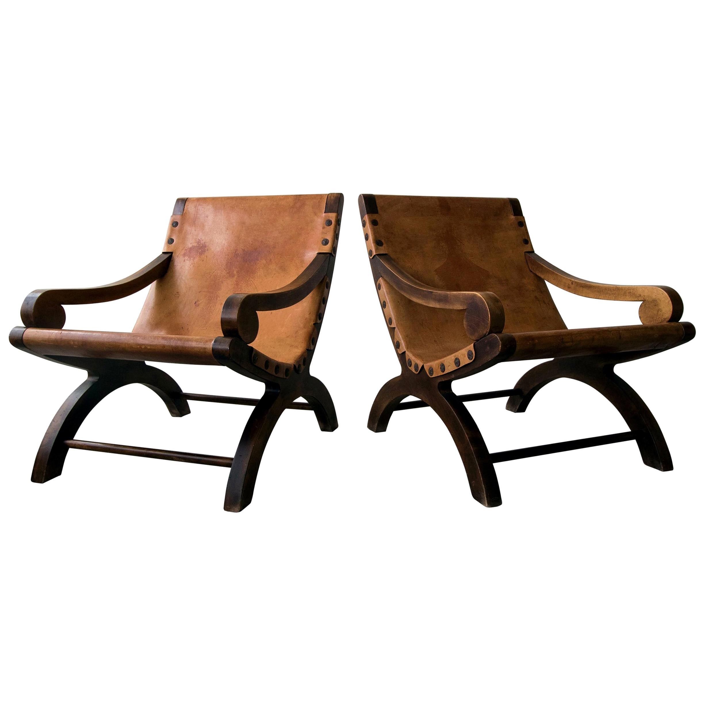 Pair of Vintage Butaque Leather Sling Lounge Chairs