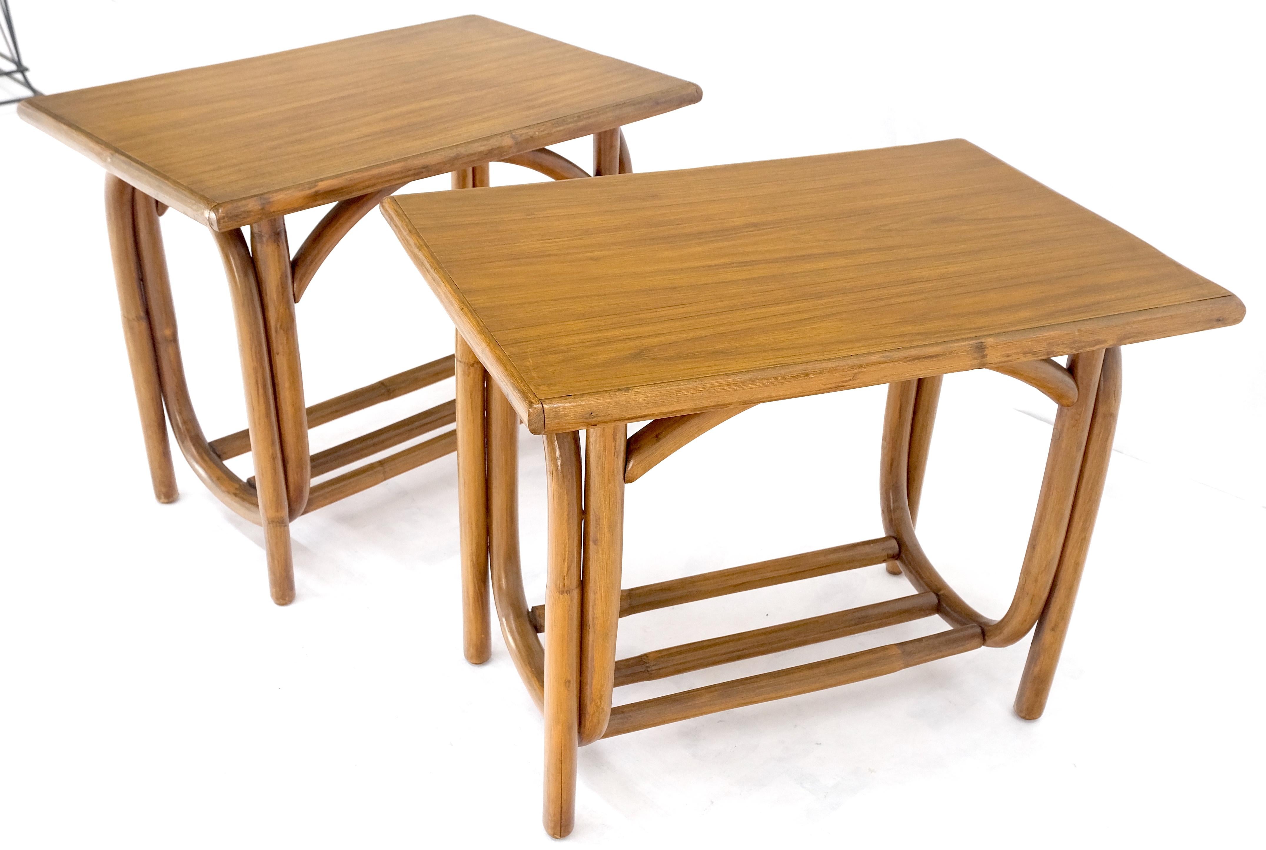 Mid-Century Modern Pair of Vintage c1970s Rattan Bamboo Laminated Tops Rectangle End Side Tables For Sale