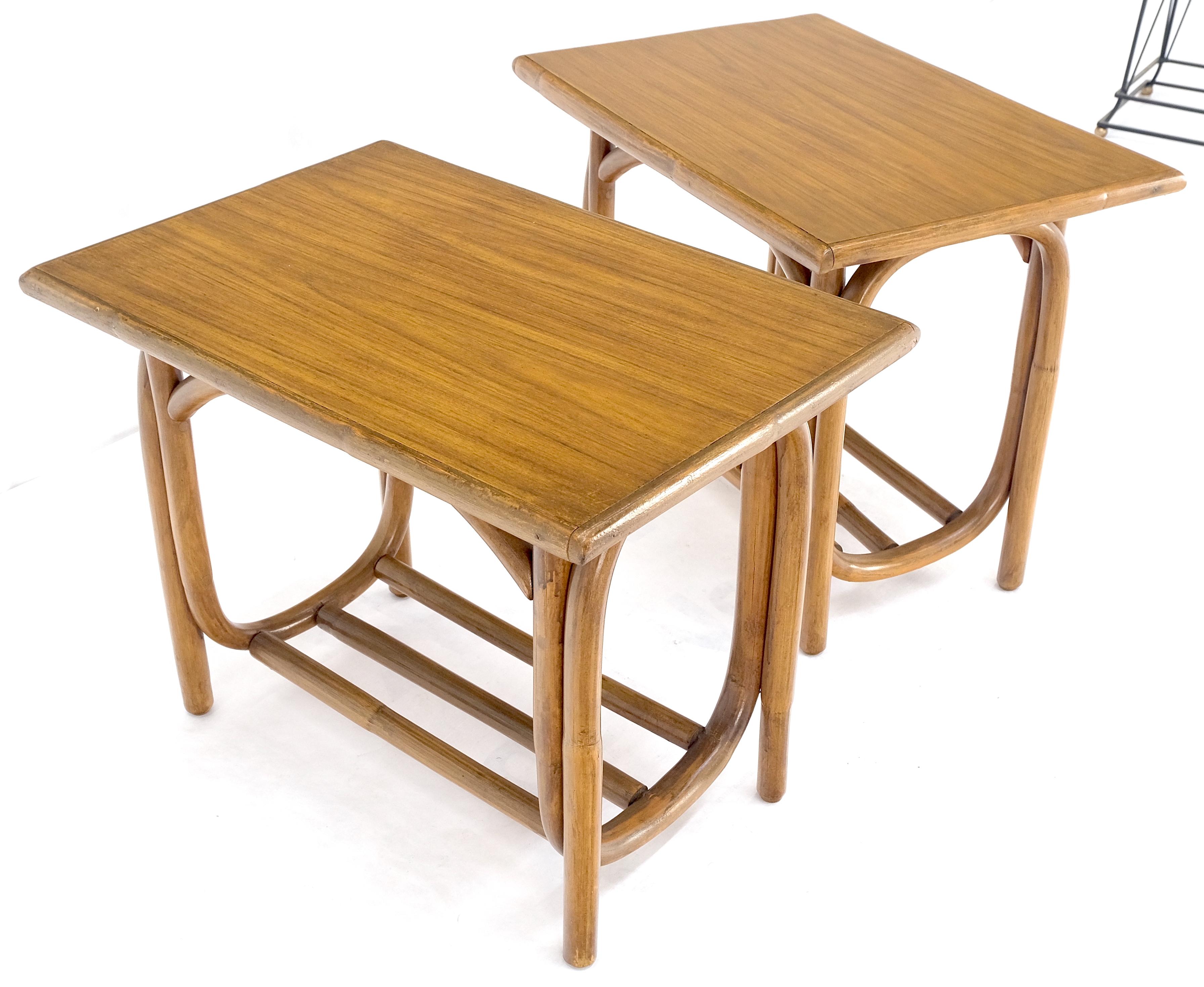 American Pair of Vintage c1970s Rattan Bamboo Laminated Tops Rectangle End Side Tables For Sale