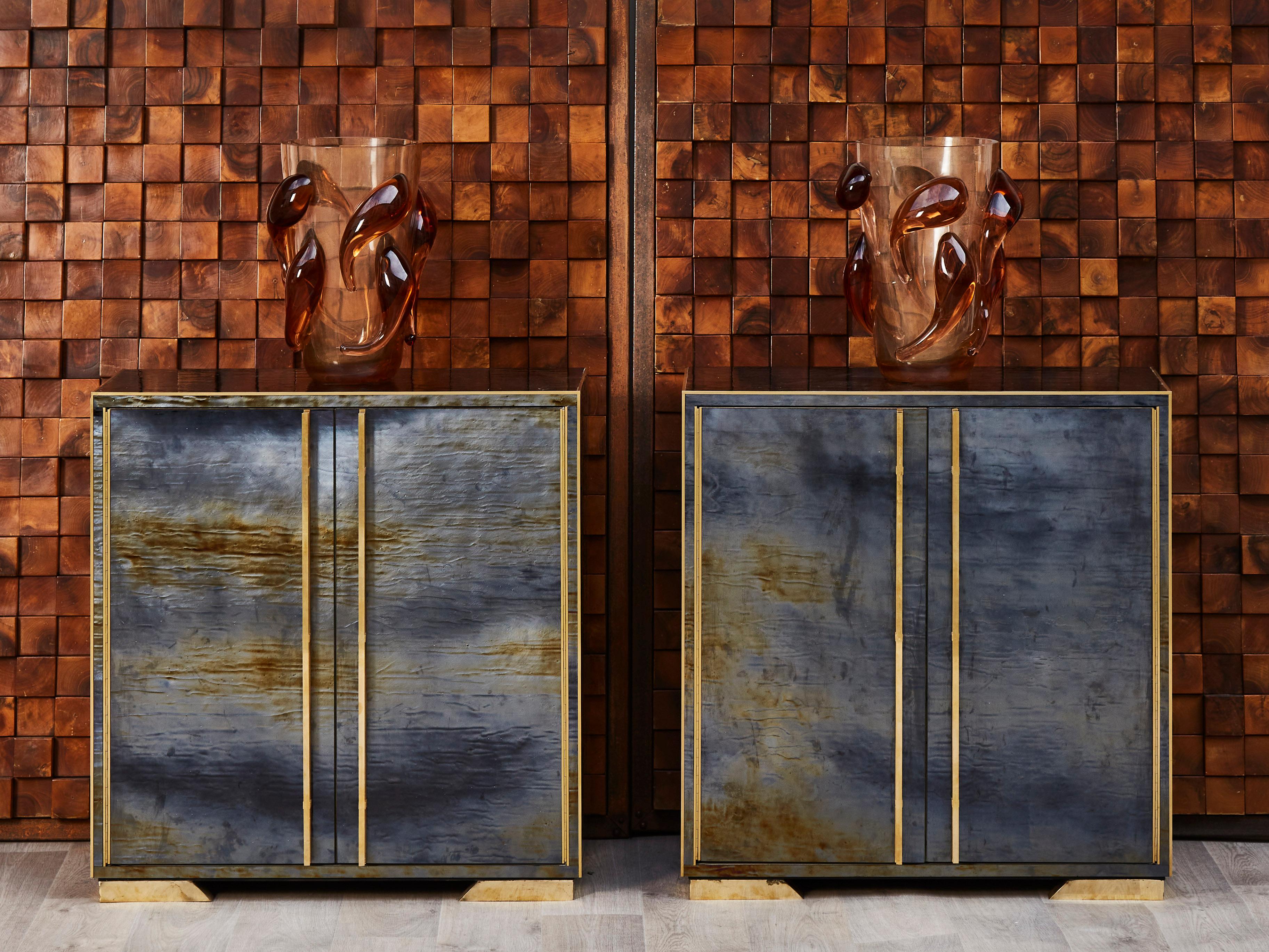 Pair of vintage wooden cabinets, entirely restored and customized with old Murano glass and brass inlays. 
2 doors.
Italy, 1980s.