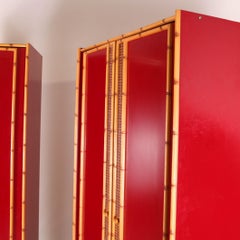 Pair of Vintage Cabinets 'Wardrobes' with Lacquer, Cane Work and Faux Bamboo