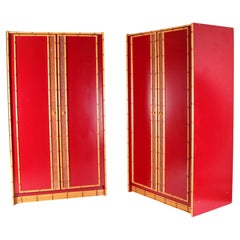 Pair of Vintage Cabinets 'Wardrobes' with Lacquer, Cane Work and Faux Bamboo