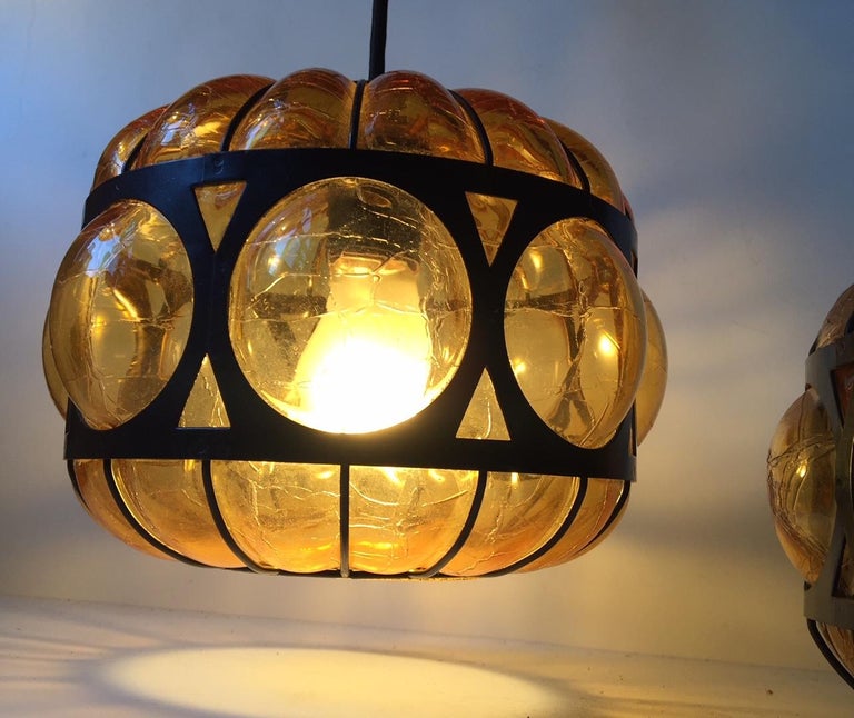 Pair Of Vintage Caged Amber Glass Pendant Lamps Scandinavia 1960s