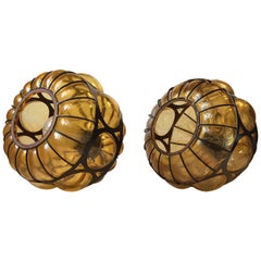 Pair of Vintage Caged Amber Glass Pendant Lamps, Scandinavia, 1960s