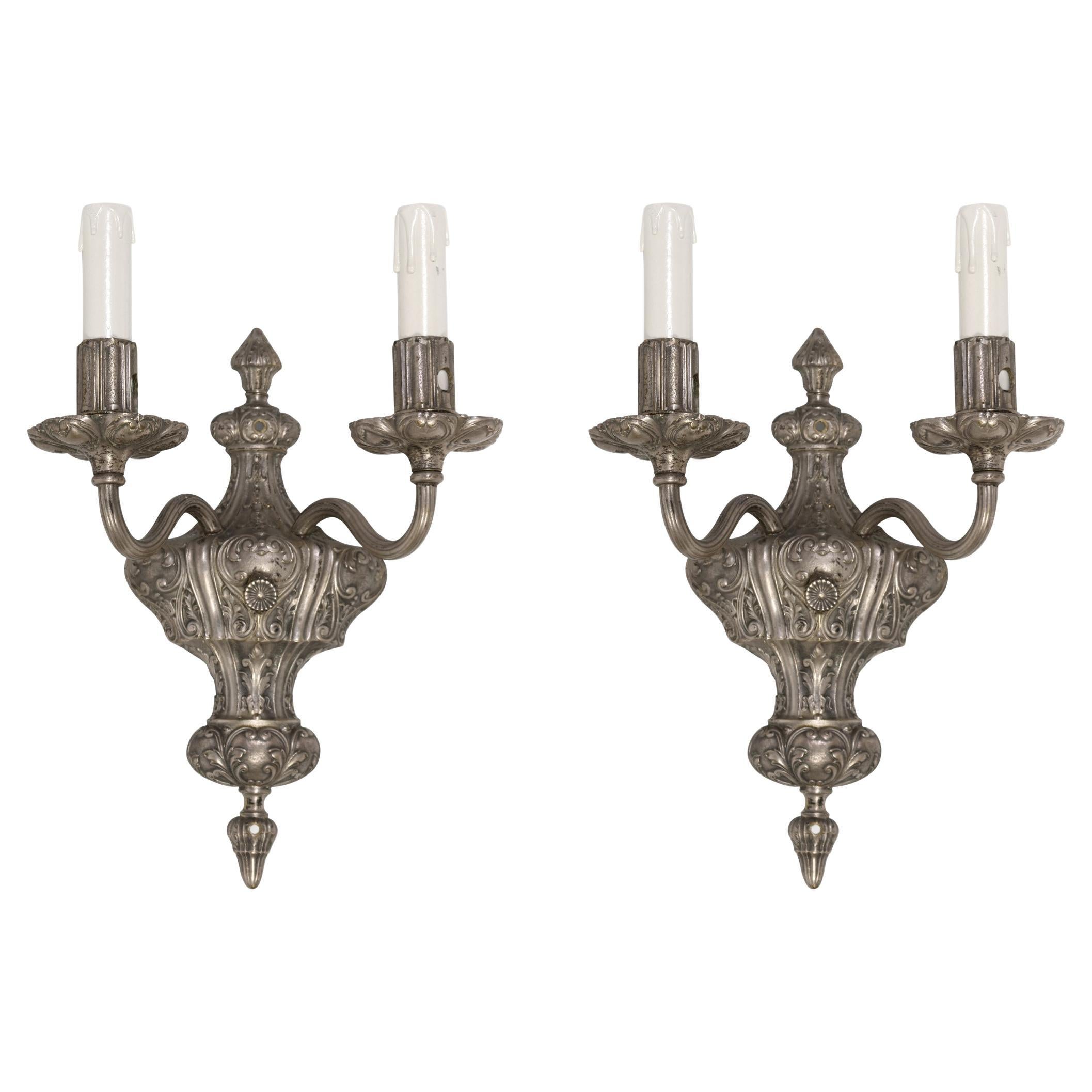 Pair of Vintage Caldwell Silver Two Arm Sconces For Sale