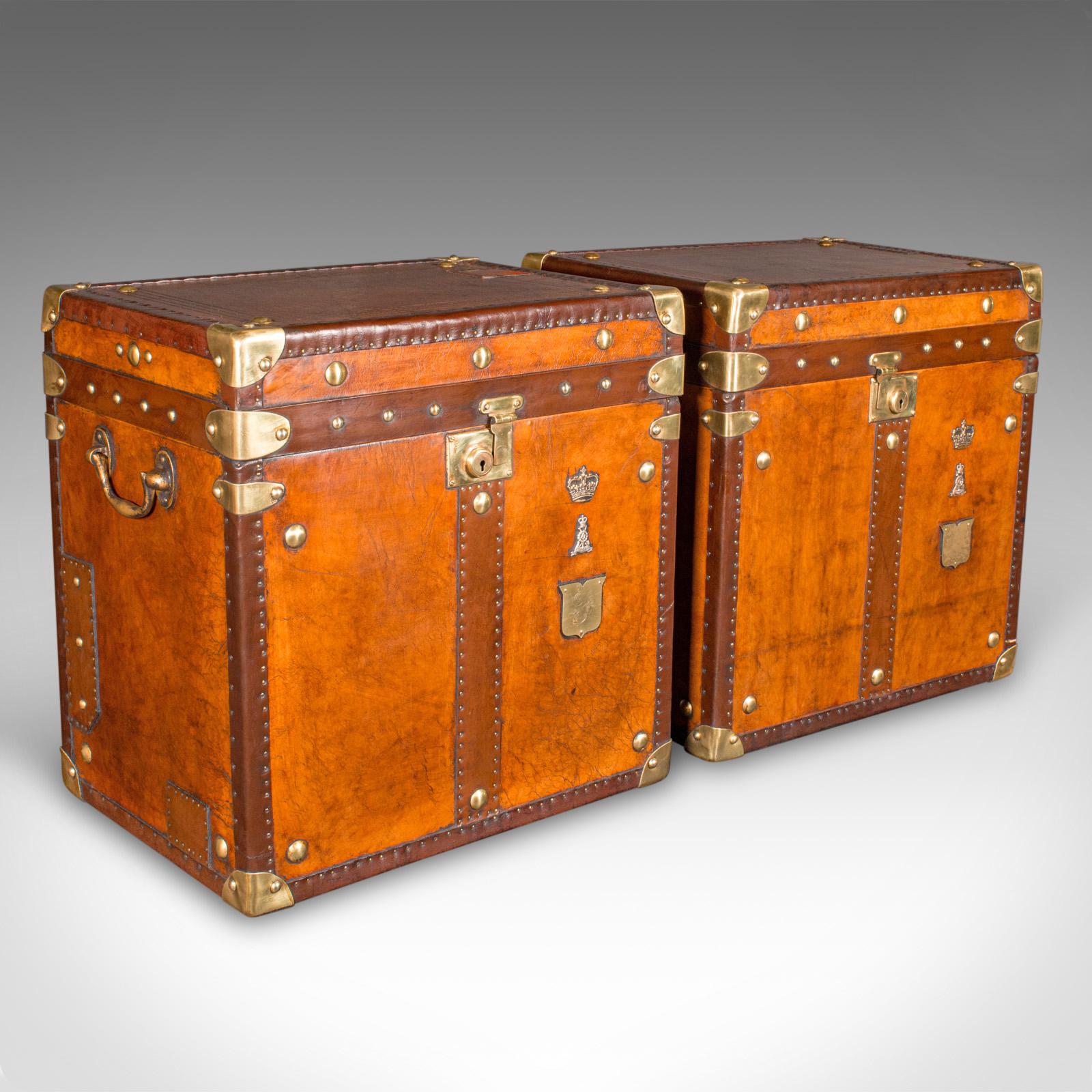 This is a pair of vintage campaign luggage cases. An English, leather and brass bedside nightstand, dating to the late 20th century, circa 1980.
 
Superb casework, with beautifully appointed detail and finishes
Displaying a desirable aged patina and