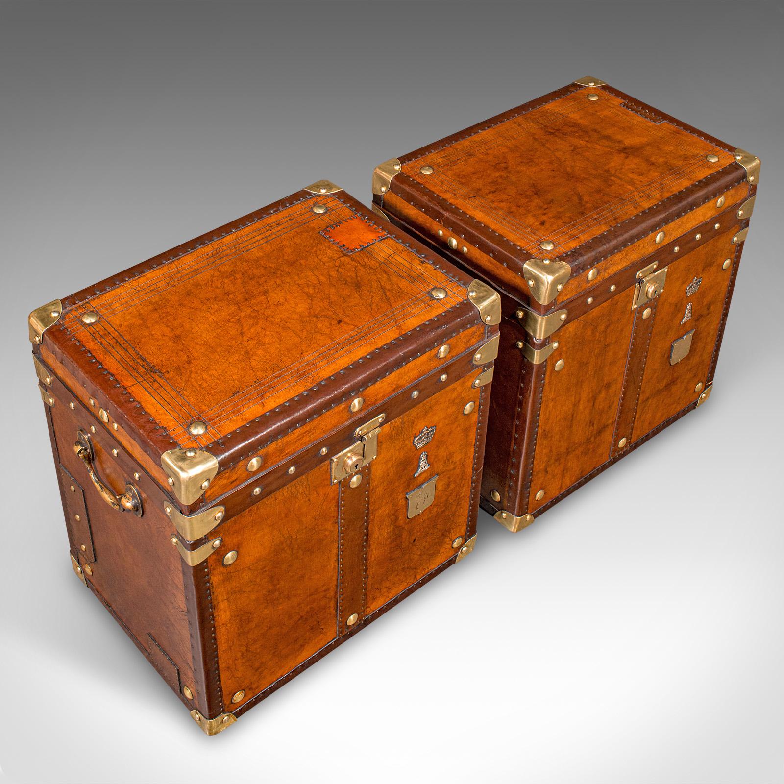 Pair Of Vintage Campaign Luggage Cases, English, Leather, Bedroom Nightstands For Sale 1
