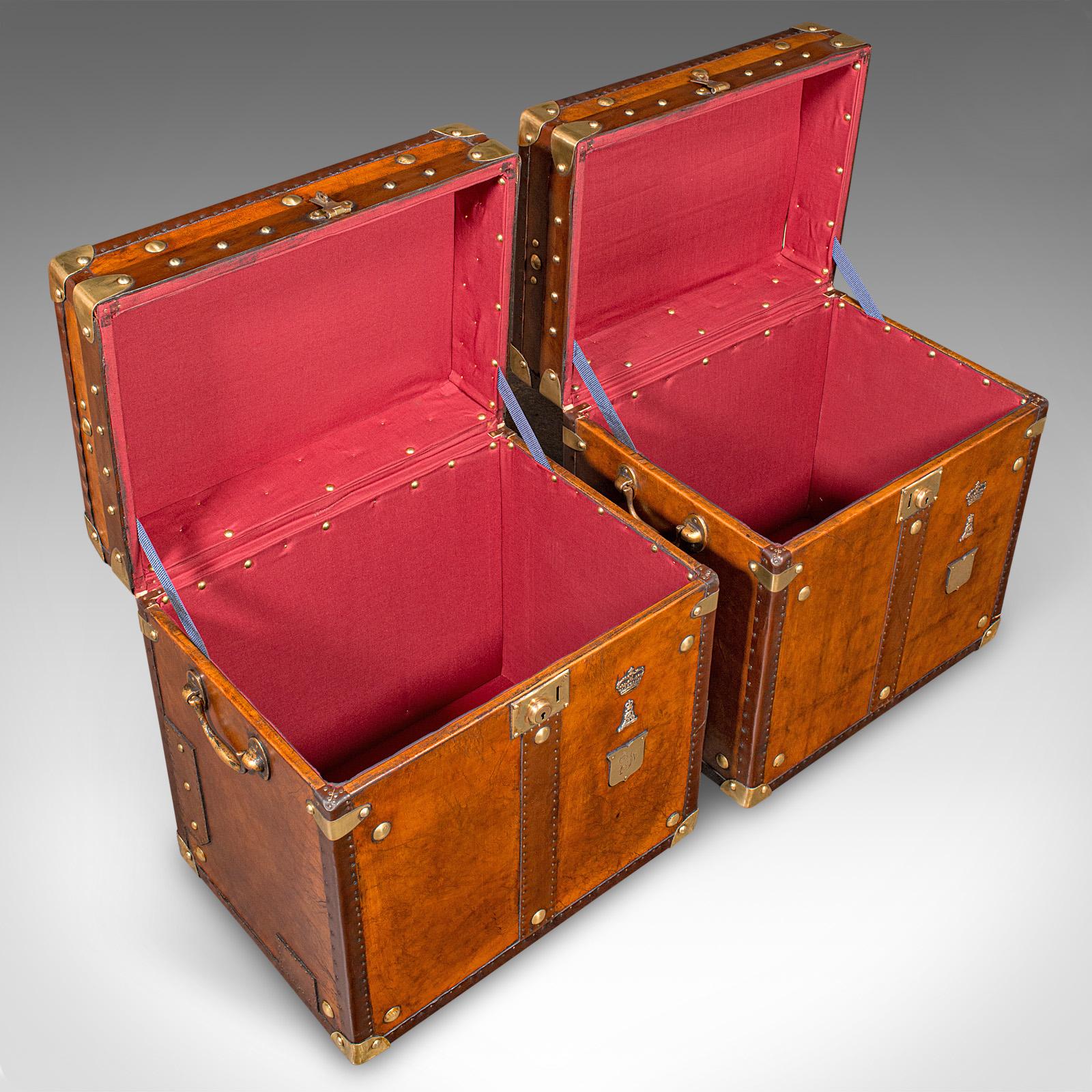 Pair Of Vintage Campaign Luggage Cases, English, Leather, Bedroom Nightstands For Sale 2