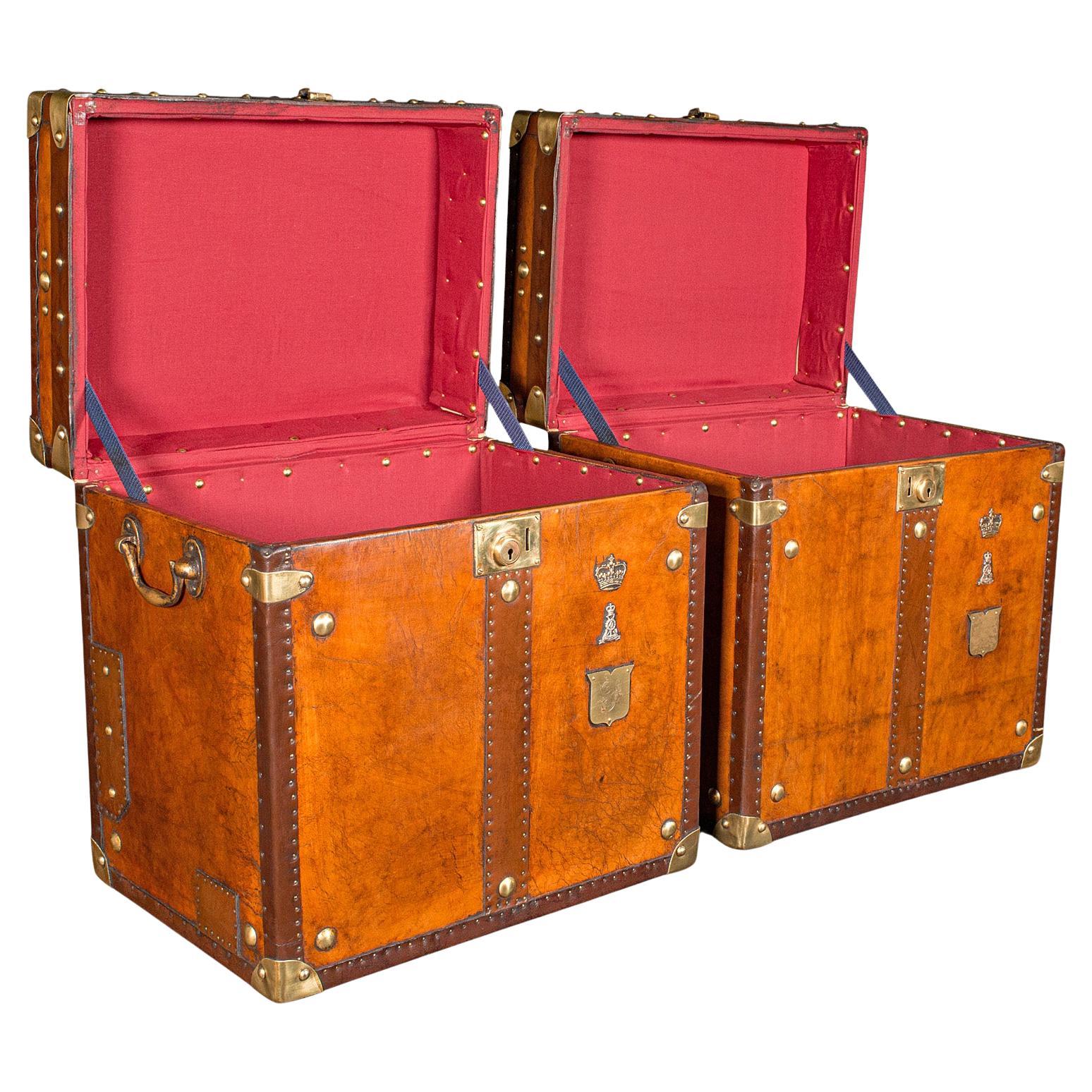 Pair Of Vintage Campaign Luggage Cases, English, Leather, Bedroom Nightstands For Sale