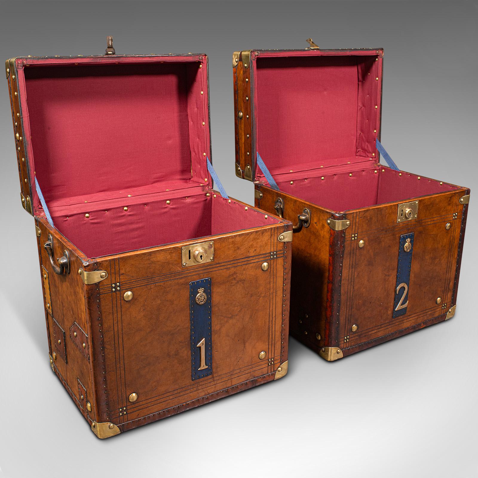 This is a pair of vintage campaign luggage cases. An English, leather and brass military interest bedside nightstand, dating to the mid 20th century, circa 1950.
 
High quality casework, with great colour and detail
Displaying a desirable aged