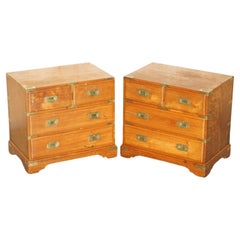 PAIR OF Vintage CAMPHOR WOOD MILITARY CAMPAIGN BEDSIDE TABLE NIGHTSTAND DRAWERs