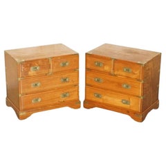 PAIR OF VINTAGE CAMPHOR WOOD MILITARY CAMPAIGN BEDSIDE TABLE NIGHTSTAND DRAWERs