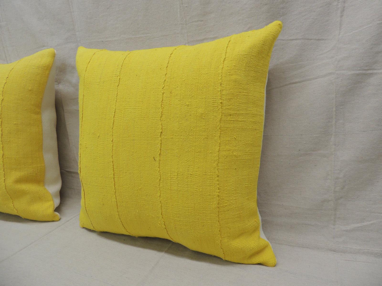 Tribal Pair of Vintage Canary Yellow African Mud Cloth Square Decorative Pillows